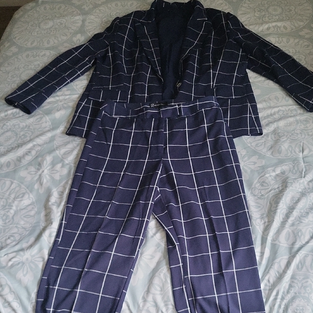New York & Company Blue Checkered Suit